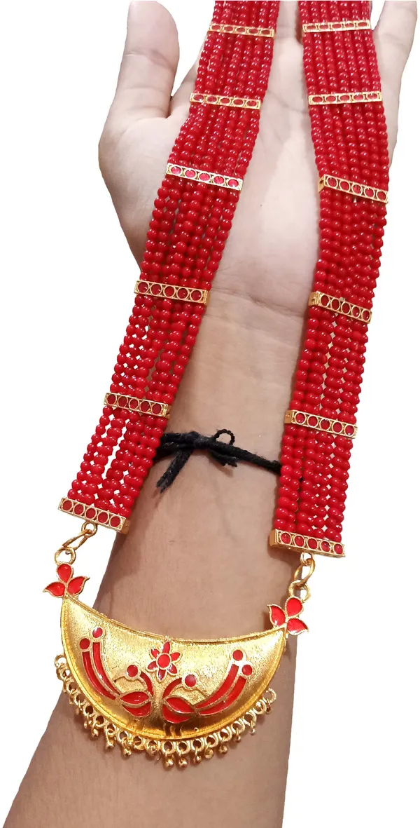 Assamese_Traditional_Gold_Plated_Red_Colour_Joonbiri_Tassel_Jewellery_Set_For_Women